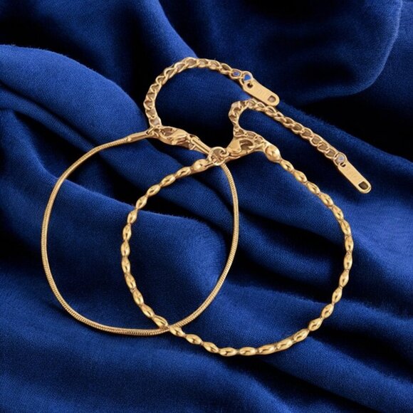 New 2 Pc Gold Stainless Round Snake Chain & Round Bead Chain - Picture 2 of 5